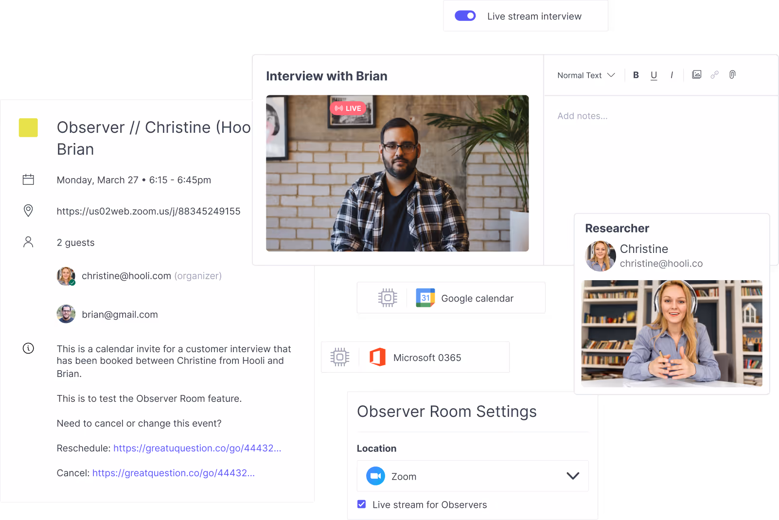 Screen shot of Observer room functionality in Great Question.