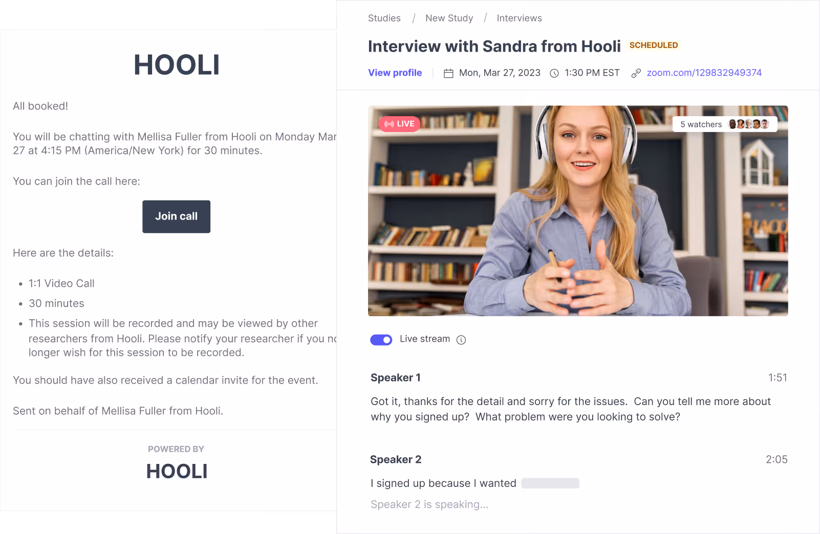 Observer Room functionality screen shot from Great Question