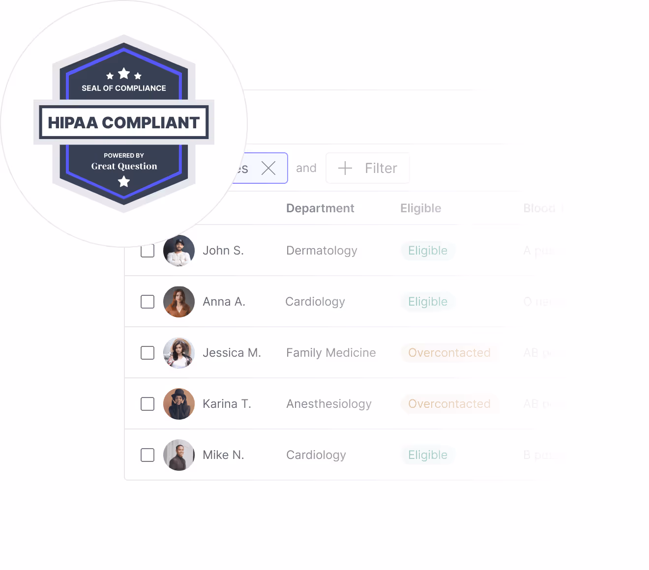 Great Question's Panel UI with the HIPAA seal of compliance