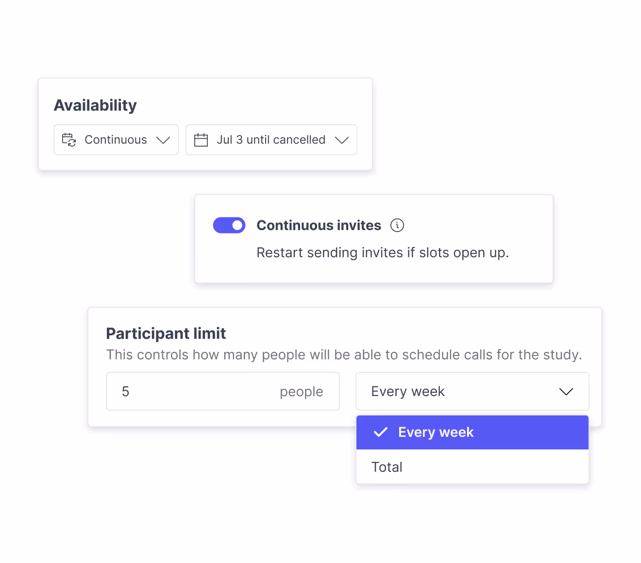 Great Question's UI for continuous customer discovery, including continuous invites and availability