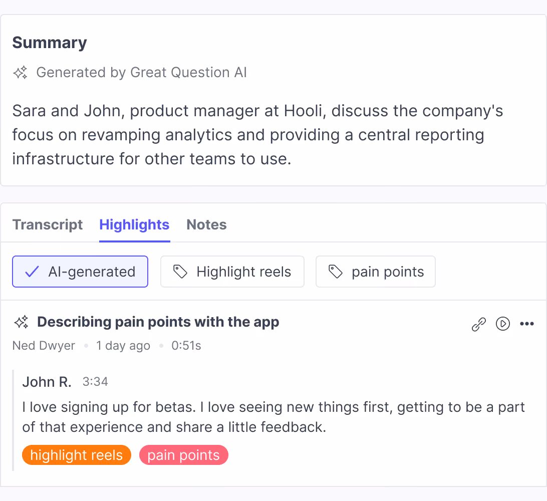 Get AI-suggested user interview summaries & highlights 