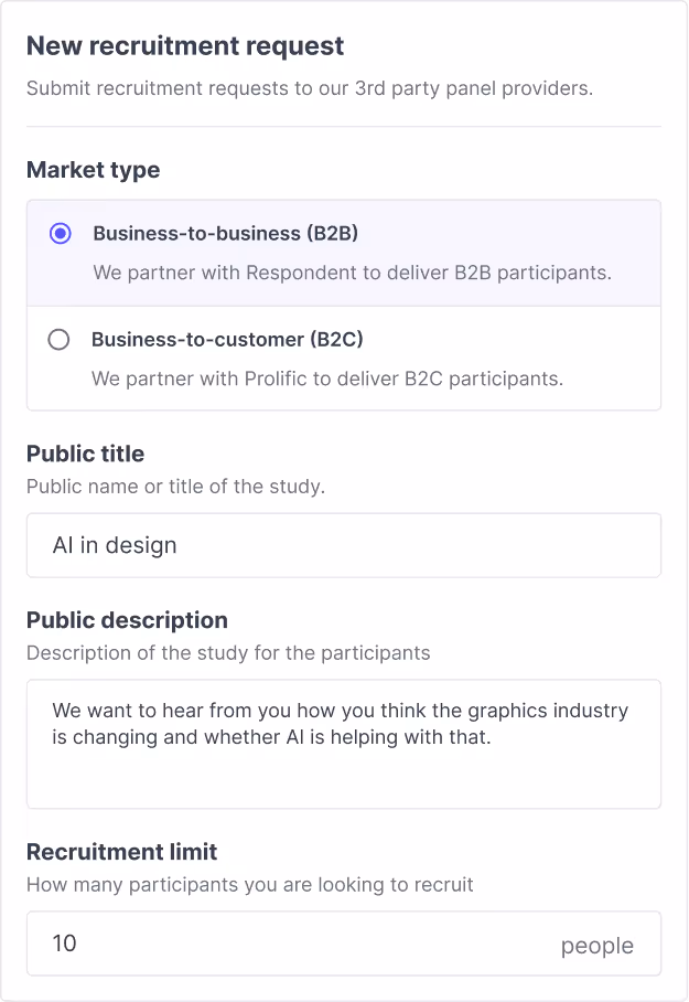 Create a new recruitment request for research participants from the Respondent panel