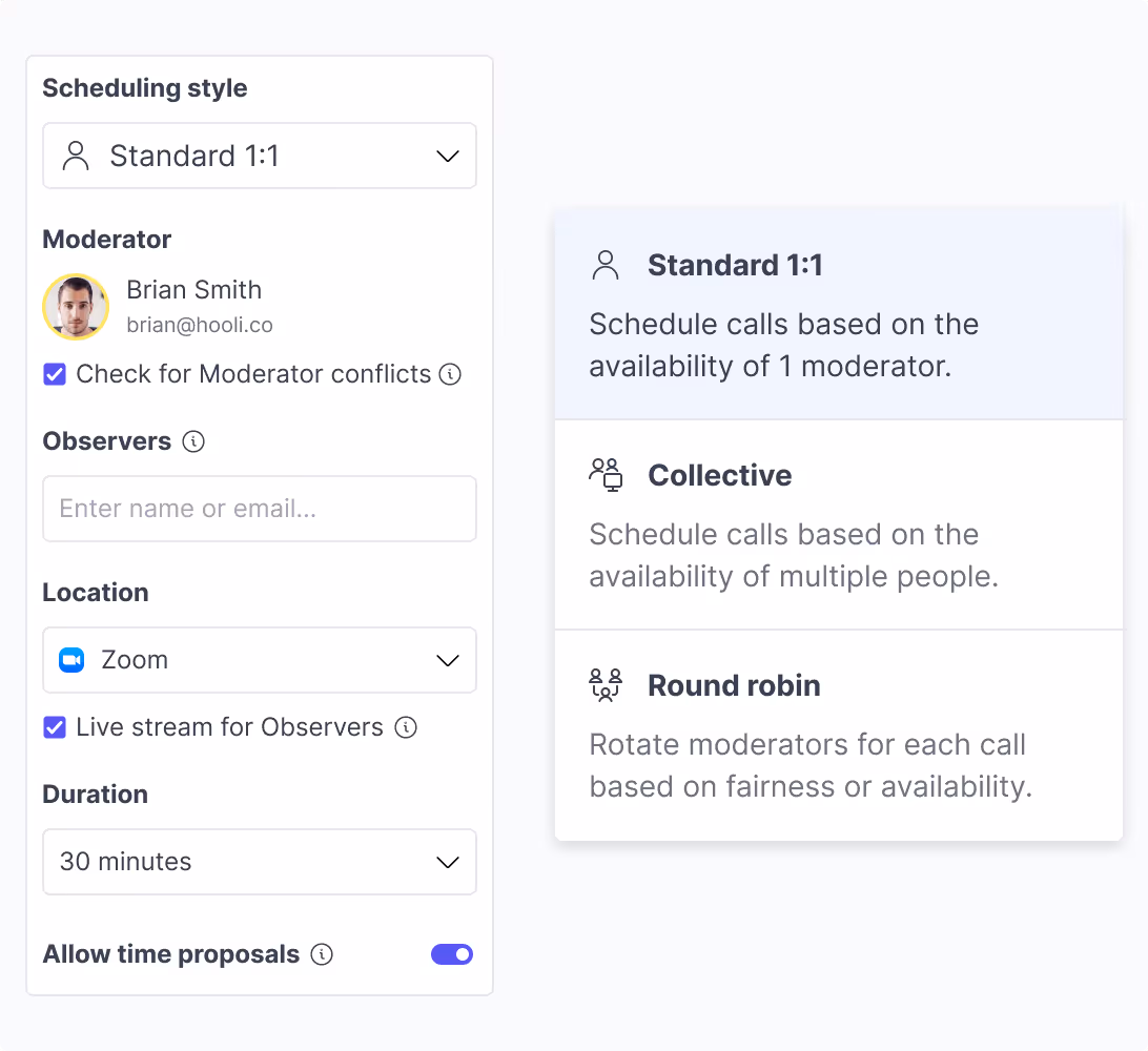 Great Question's research calendar UI with 1:1, collective, and round robin scheduling