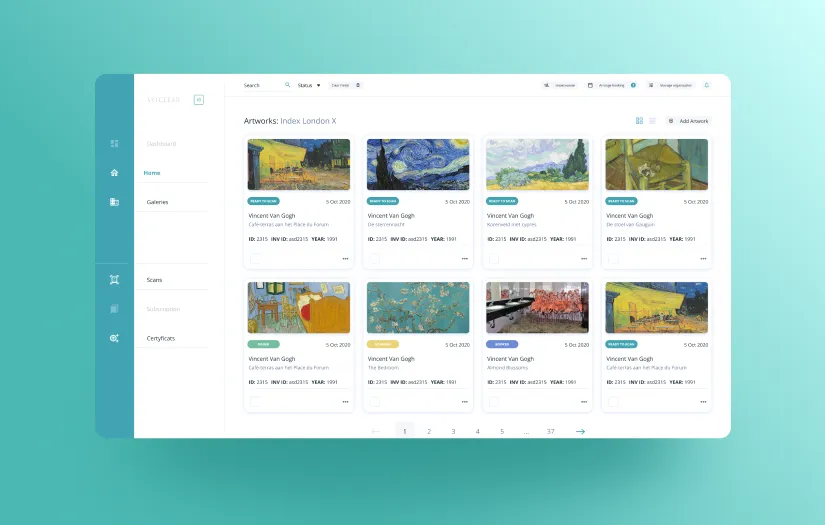 Screenshot of the Artclear user interface displaying the art authenticity verification features using blockchain and IoT technology in an innovative solution.