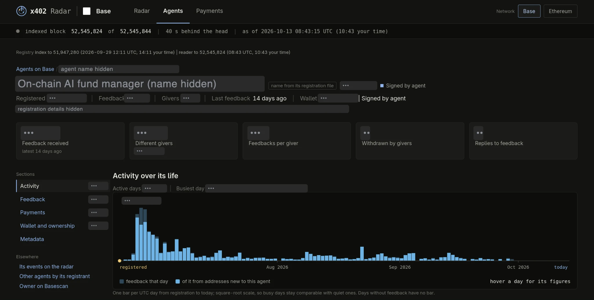 AI agent identity in x402 Radar: ownership, wallet and feedback history