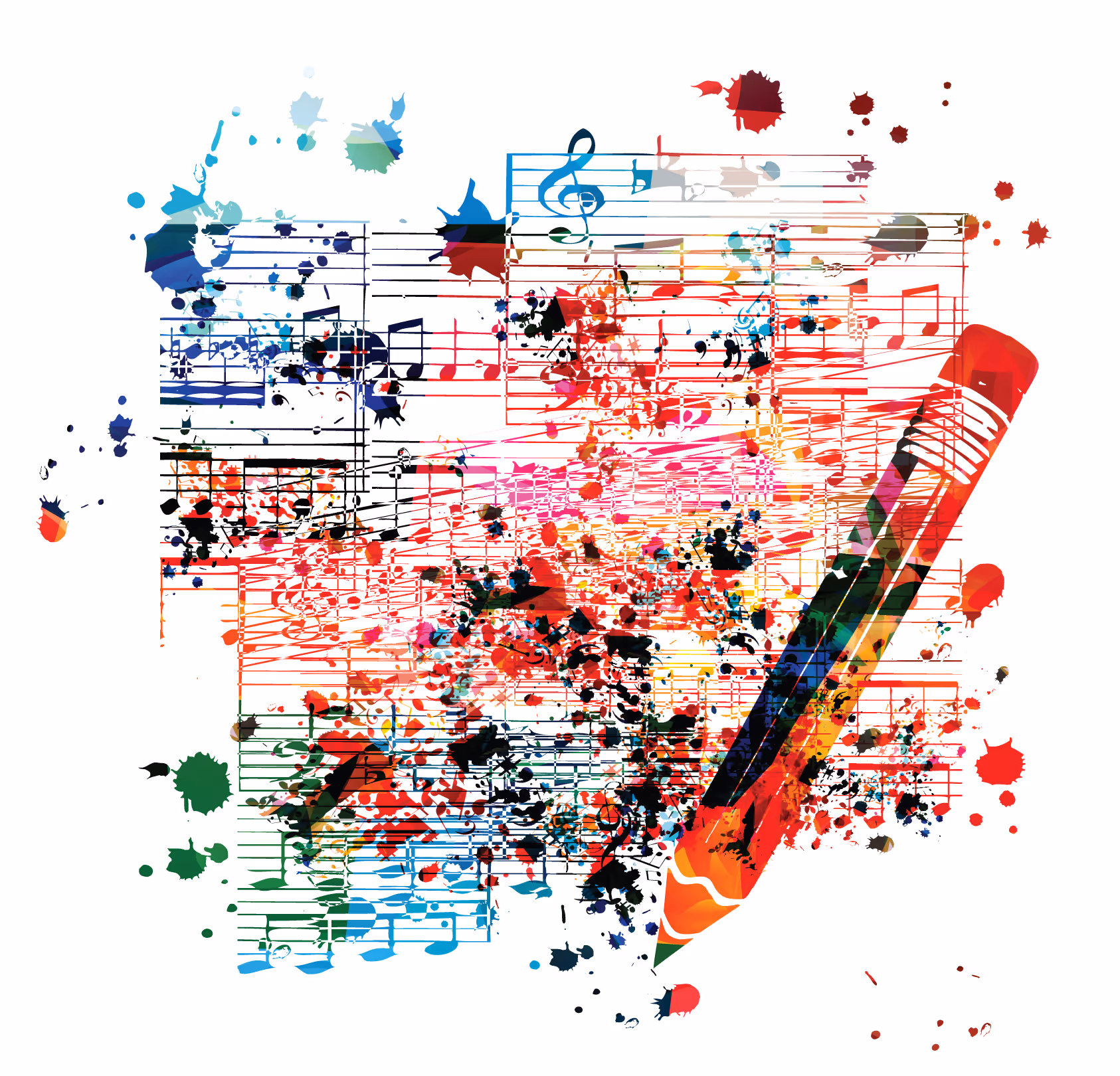 Colorful pencil with musical notes isolated. Creative writing, composing music, education concept