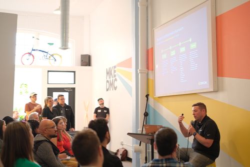 Nick White, presenting on Data Strategy at MKE DMC in May 2024.