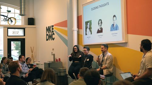 Panelists Renee Girard, Tamara Hellgren, Jeremy Packee presenting to the MKE DMC community on June 12, 2024 | Photo credit: Jordon Meyer