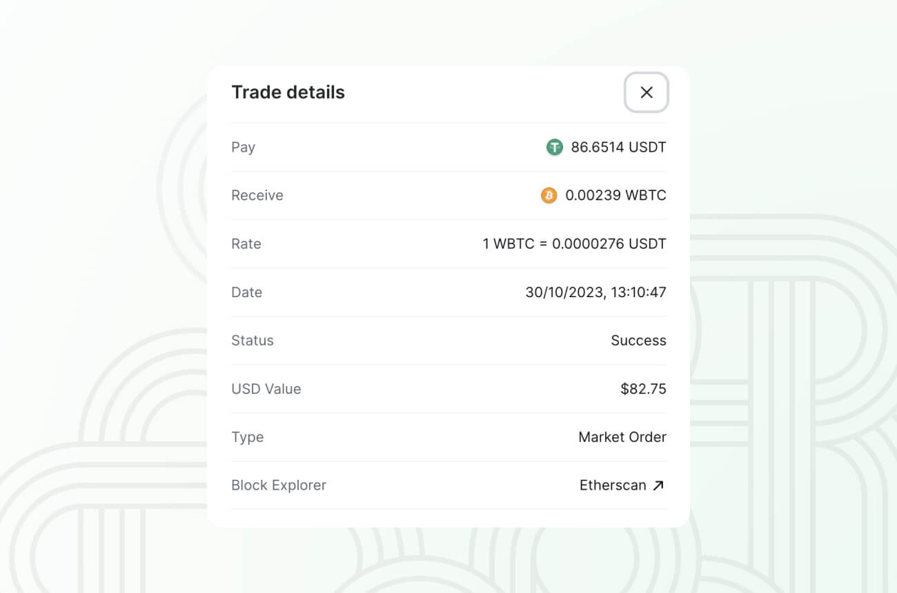 Trade details panel including link to a block explorer record of the transaction