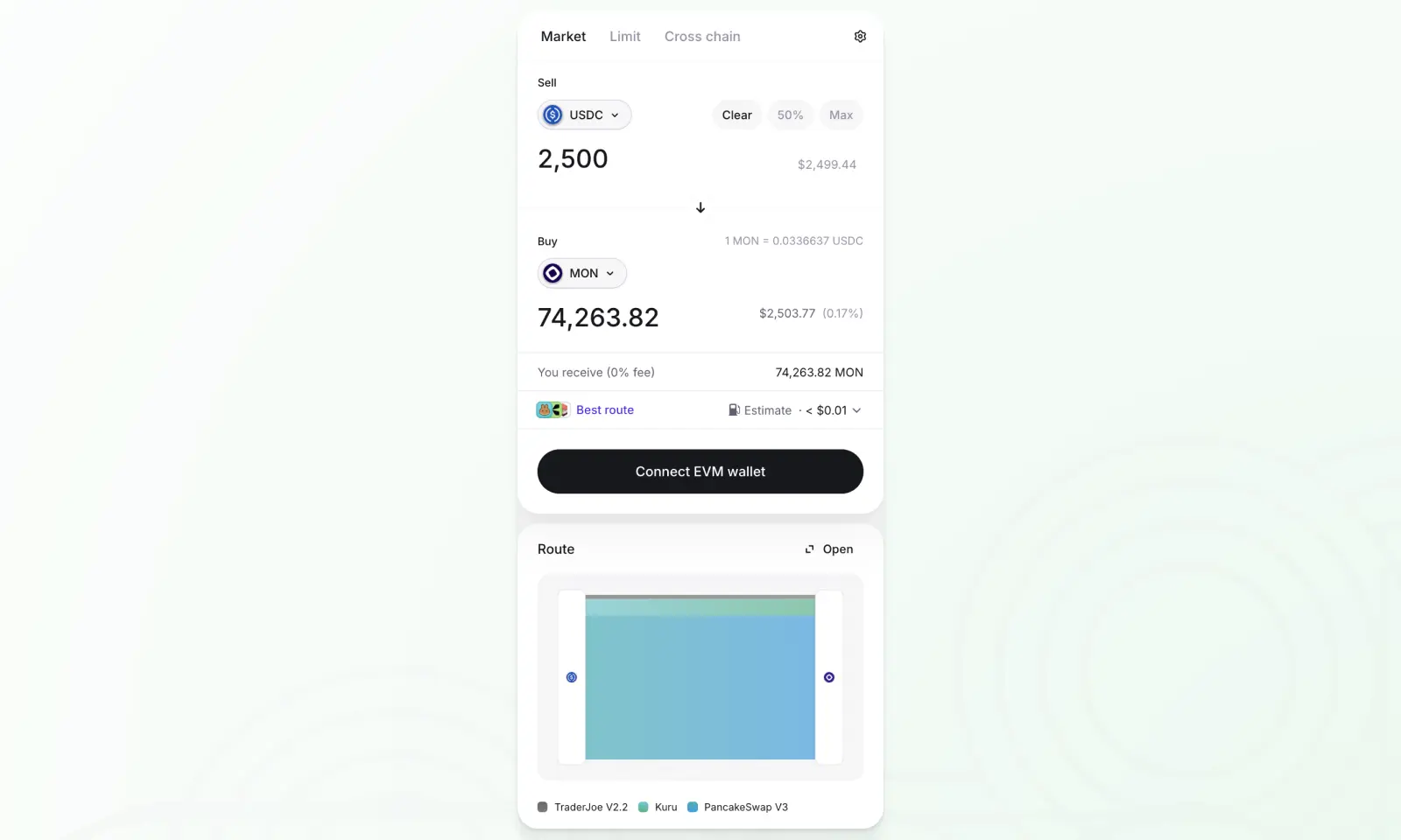 Monad trade module showing a 2500 USDC to MON swap