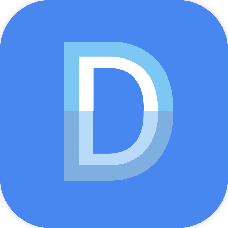 Blue app icon with a stylized white and light blue letter D on a rounded square background.