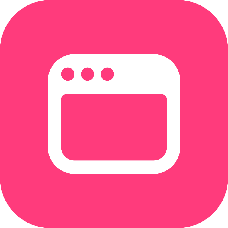 White web browser window icon with three circular buttons in the top left corner on a pink rounded square background.