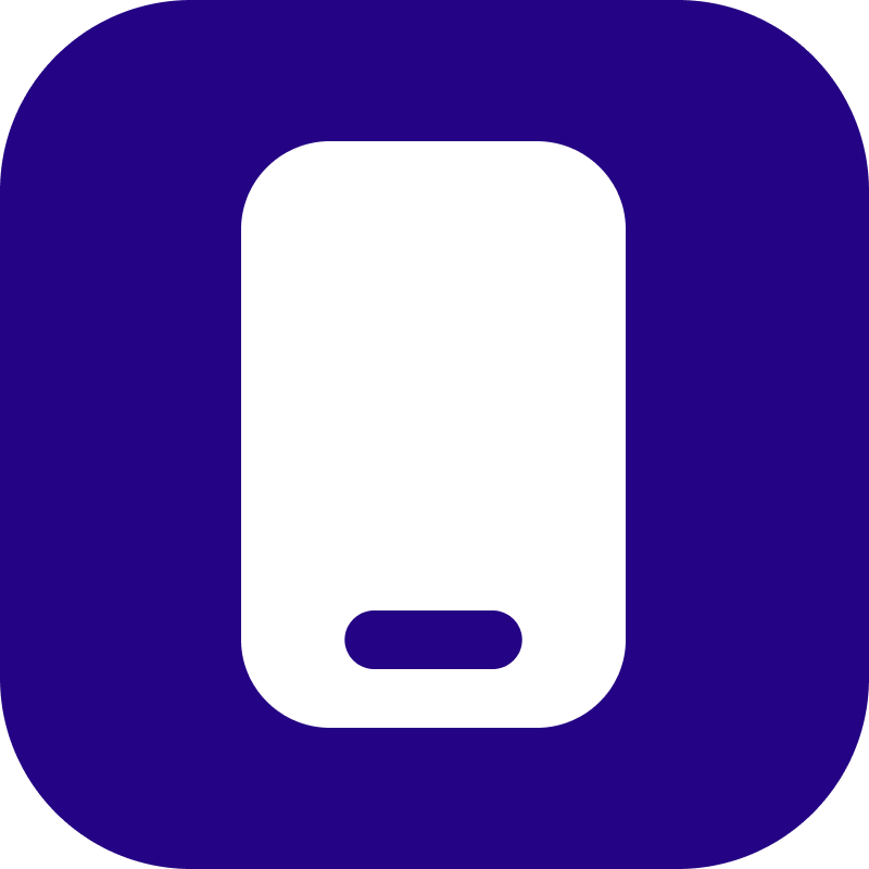 White minimalist smartphone icon with a home button on a rounded dark blue square background.