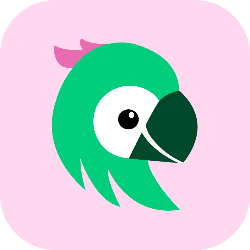 Green parrot head cartoon icon with pink tuft on a rounded pink background.