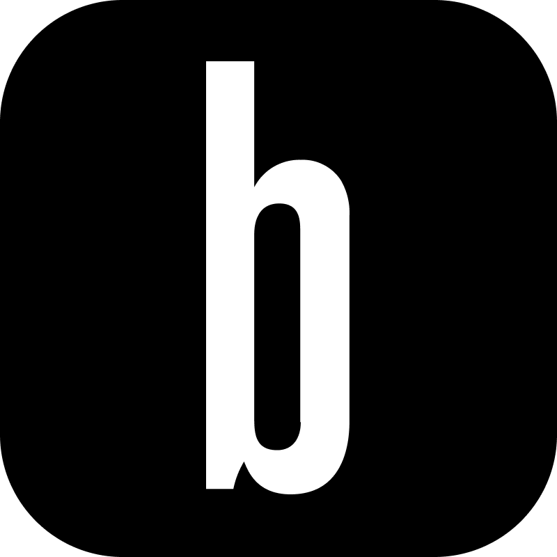 White lowercase letter 'b' on a solid black square background.