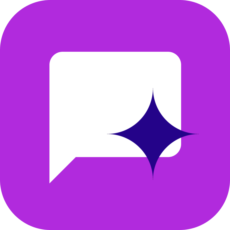 White chat bubble with a dark blue sparkle inside on a purple rounded square background.