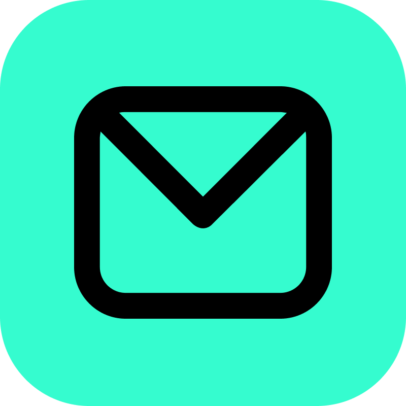 Black envelope icon centered on a rounded square bright turquoise background.