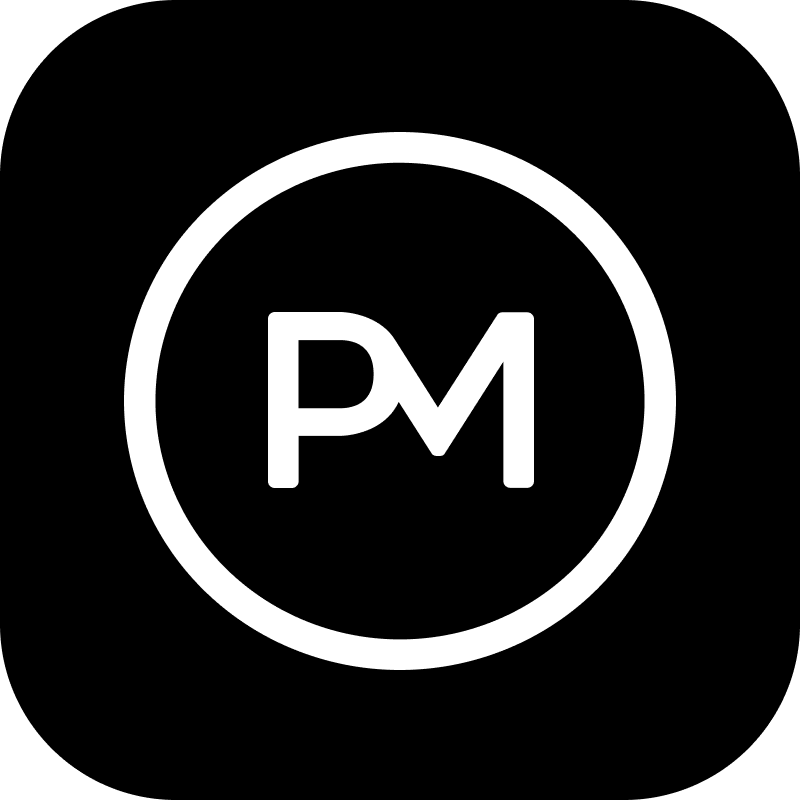 White PM letters enclosed in a white circle on a black background.