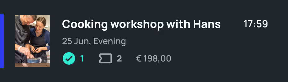 Two people cooking together in a workshop, with text showing Cooking workshop with Hans, 25 Jun Evening, time 17:59, 1 participant confirmed, 2 comments, and price €198,00.