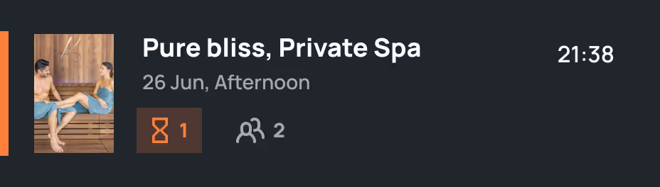 Two people relaxing in a wooden sauna, titled 'Pure bliss, Private Spa' with date 26 June afternoon, time 21:38, 1 hour duration, and 2 people icons.