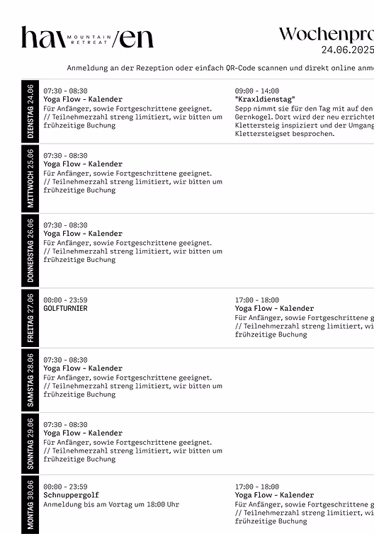 Schedule for Yoga Flow sessions and events at Haven Mountain Retreat from June 24 to June 30, 2025, including Yoga Flow calendar for beginners and advanced, Kraxl Dienstag climbing day, golf tournament, and Schnuppergolf with times and booking notes in German.