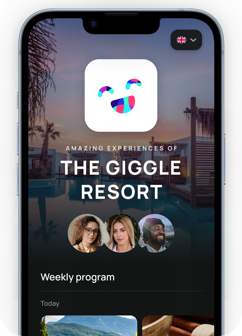 Smartphone screen displaying The Giggle Resort app with a pool background, smiling face logo, user profile pictures, and a weekly program section.