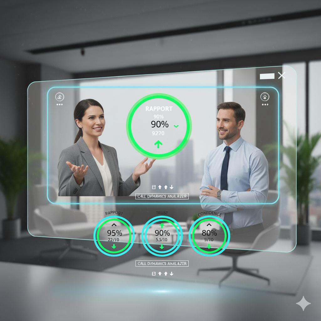 Businesswoman and businessman standing and smiling with a futuristic holographic interface showing rapport, trust, and confidence analytics.