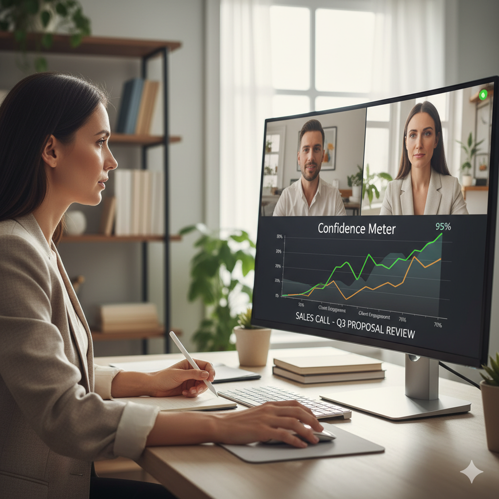 Woman in a beige blazer participating in a video call on a computer screen showing two colleagues and a confidence meter graph with 95% highlighted during a sales call Q3 proposal review.