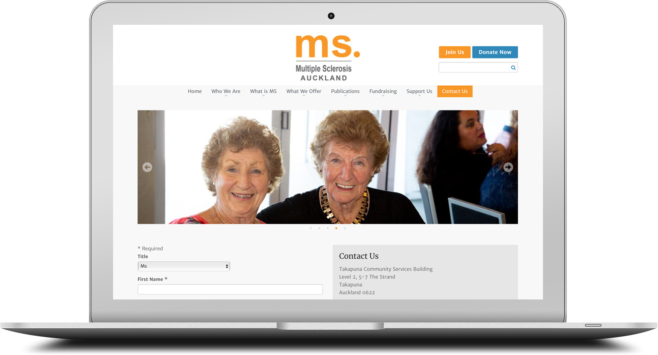 Multiple Sclerosis Auckland website shown on a laptop.