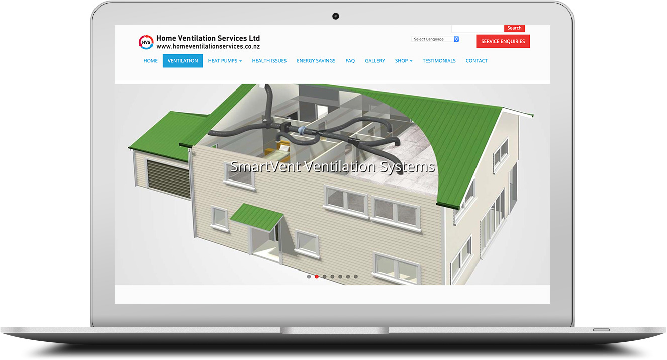 Home Ventilation Services website shown on a laptop.
