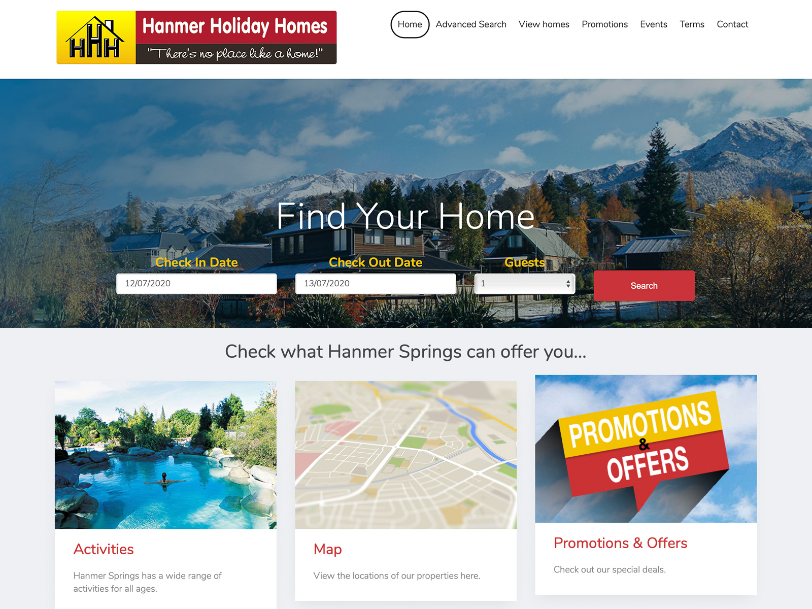 Hanmer Holiday Homes website project preview.