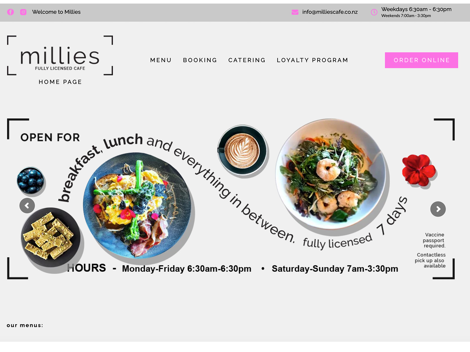 Millies Cafe website project preview.