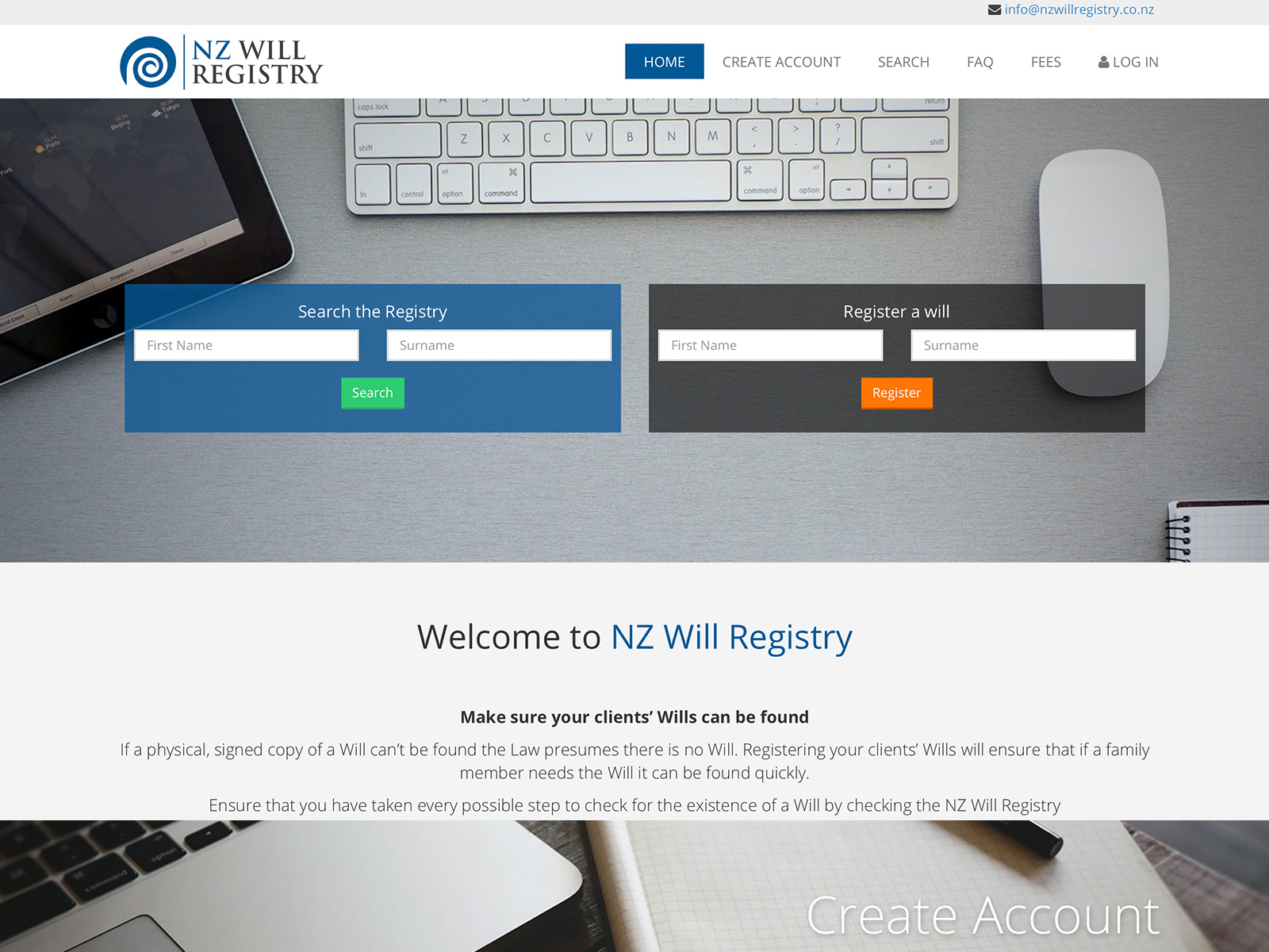 NZ Will Registry website project preview.