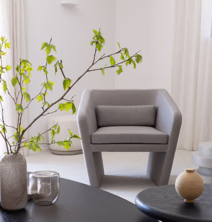 Grey chair, next to planted small tree