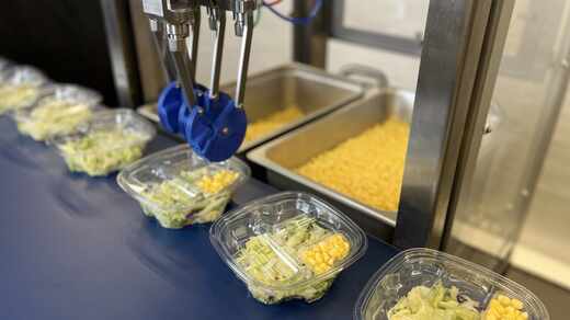 Chef robot picking and placing salad ingredients into compartmentalized trays