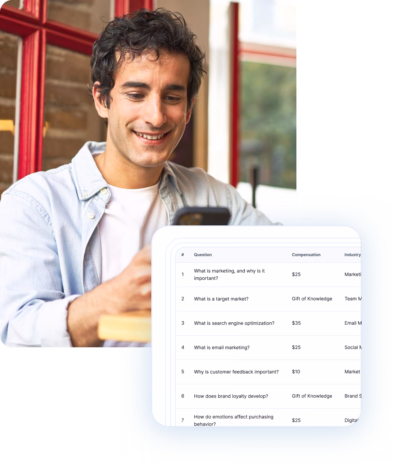 Smiling man with curly hair looking at his smartphone indoors near a window with red frames, with an overlay showing a table of marketing questions, compensations, and industries.