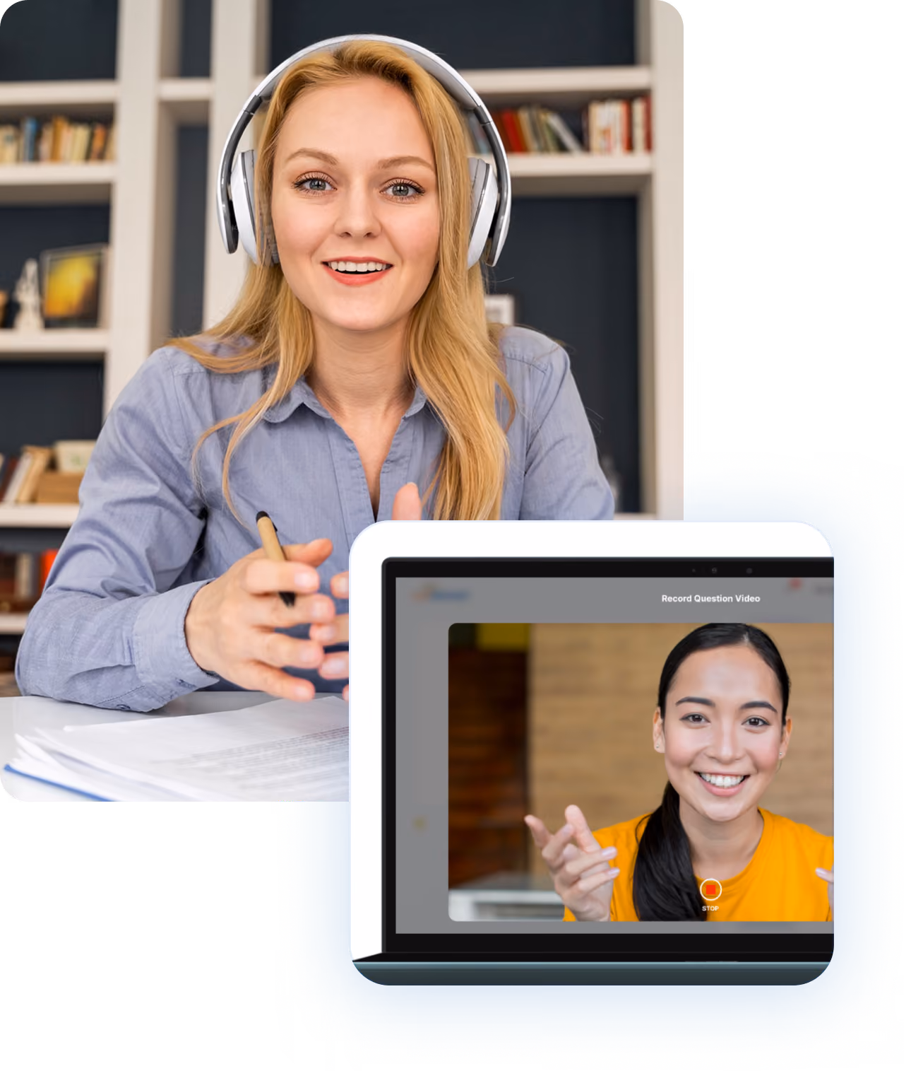 A woman with long blonde hair wearing headphones smiles and gestures while sitting at a desk with open books, engaging in a video call with another smiling woman visible on a laptop screen in front of her.
