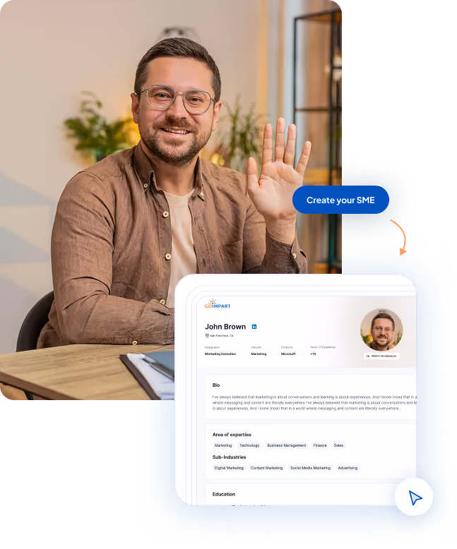 Smiling man with glasses and beard sitting at a desk, wearing a brown shirt, raising his hand in greeting, with a user profile interface next to him showing professional details for John Brown, including photo, bio, expertise, and contact options.