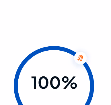 Circular progress ring with a blue outline showing 100% completion and a small badge with an orange award ribbon attached to the ring.