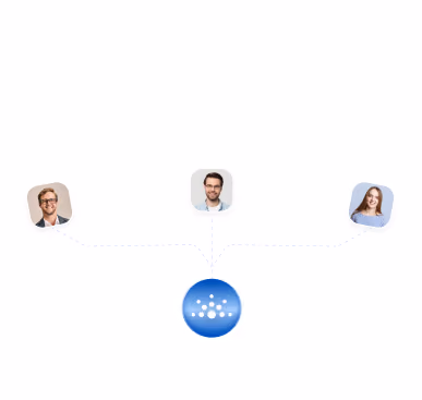 Diagram with three headshot photos of two men and one woman connected by dotted lines to a central blue circle containing a network dot pattern.