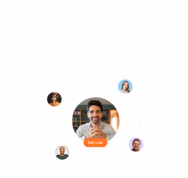 Graphic with a central circular image of a smiling man with a 'Live' orange label below him, surrounded by three smaller circular images of diverse people connected by a dotted line, representing a live expert session or virtual meeting.