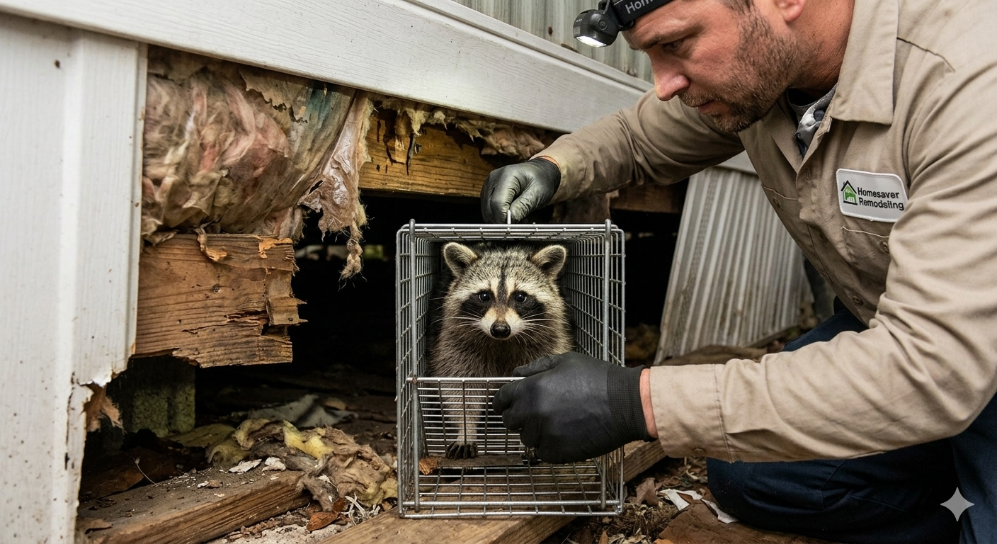 This image focuses on a raccoon, which your copy states is the most common and destructive intruder, in a crawlspace setting typical of a manufactured home. It balances the visual of the animal with the repair and cleanup services