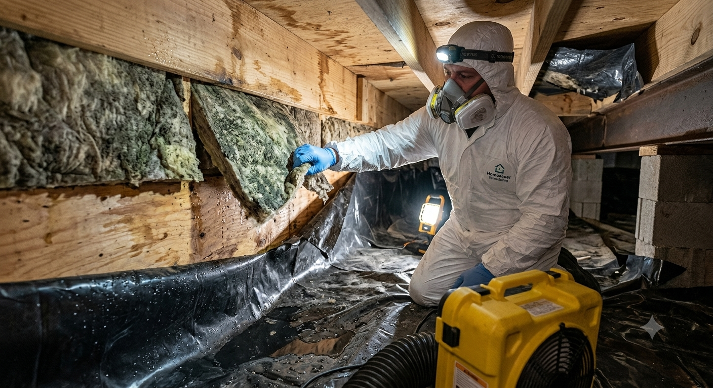 A professional technician in a white hazmat suit and respirator mask inspecting and removing mold-contaminated insulation from the crawlspace under a Michigan manufactured home.