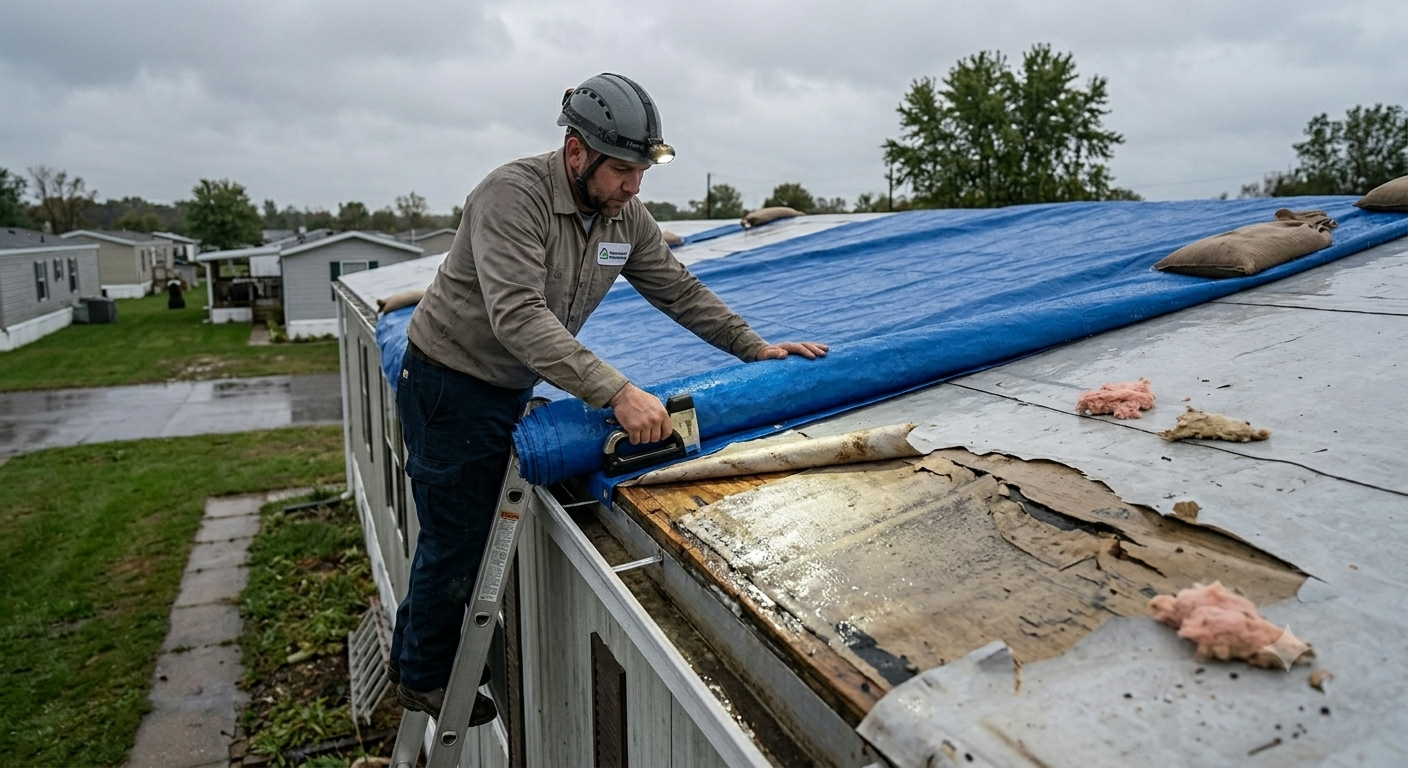 The image below shows a technician responding immediately after a storm to secure a manufactured home's roof, providing a strong, action-oriented visual for an emergency service page.