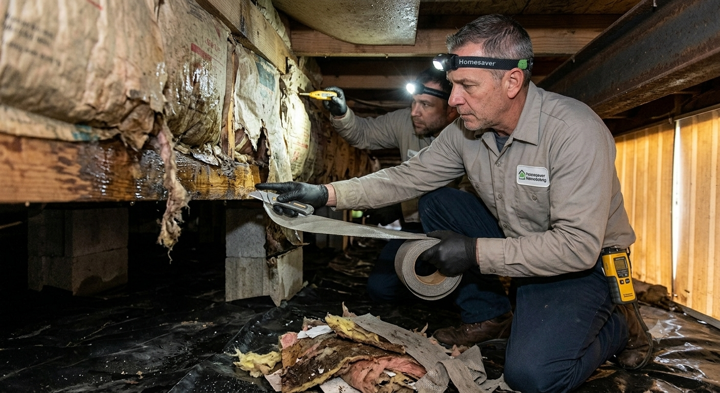 A Homesaver Remodeling contractor wearing a headlamp inspecting the compromised belly wrap and insulation under a Michigan mobile home during a structural emergency repair job.