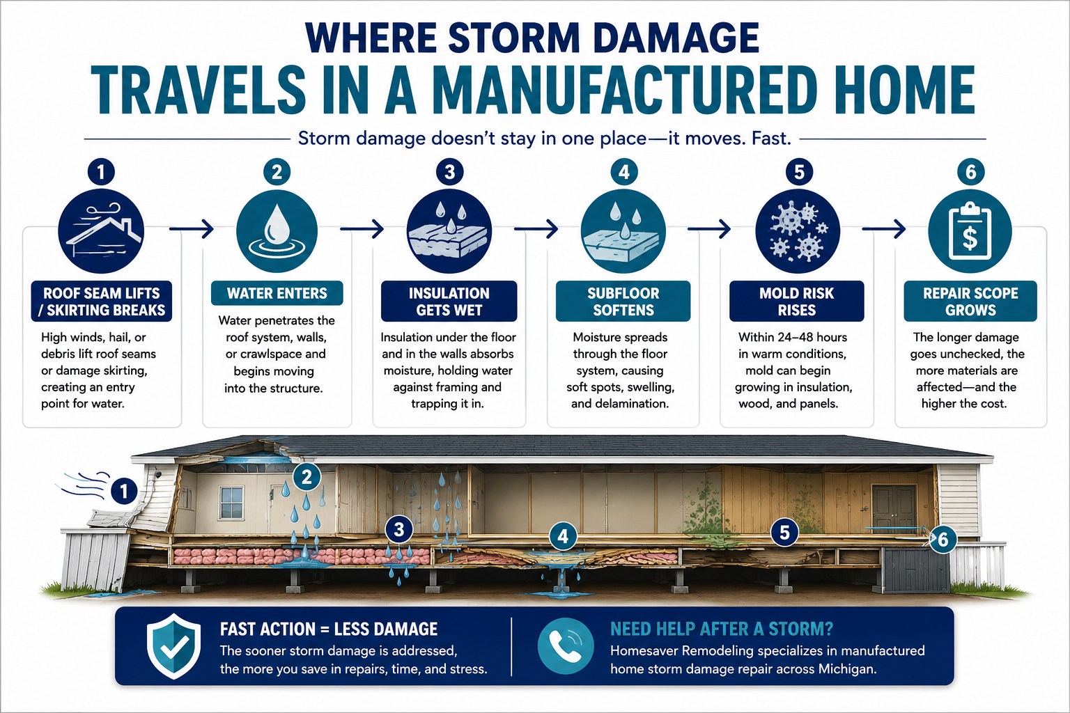 “Where Storm Damage Travels in a Manufactured Home”  Flow: Roof seam lifts / skirting breaks → water enters → insulation gets wet → subfloor softens → mold risk rises → repair scope grows