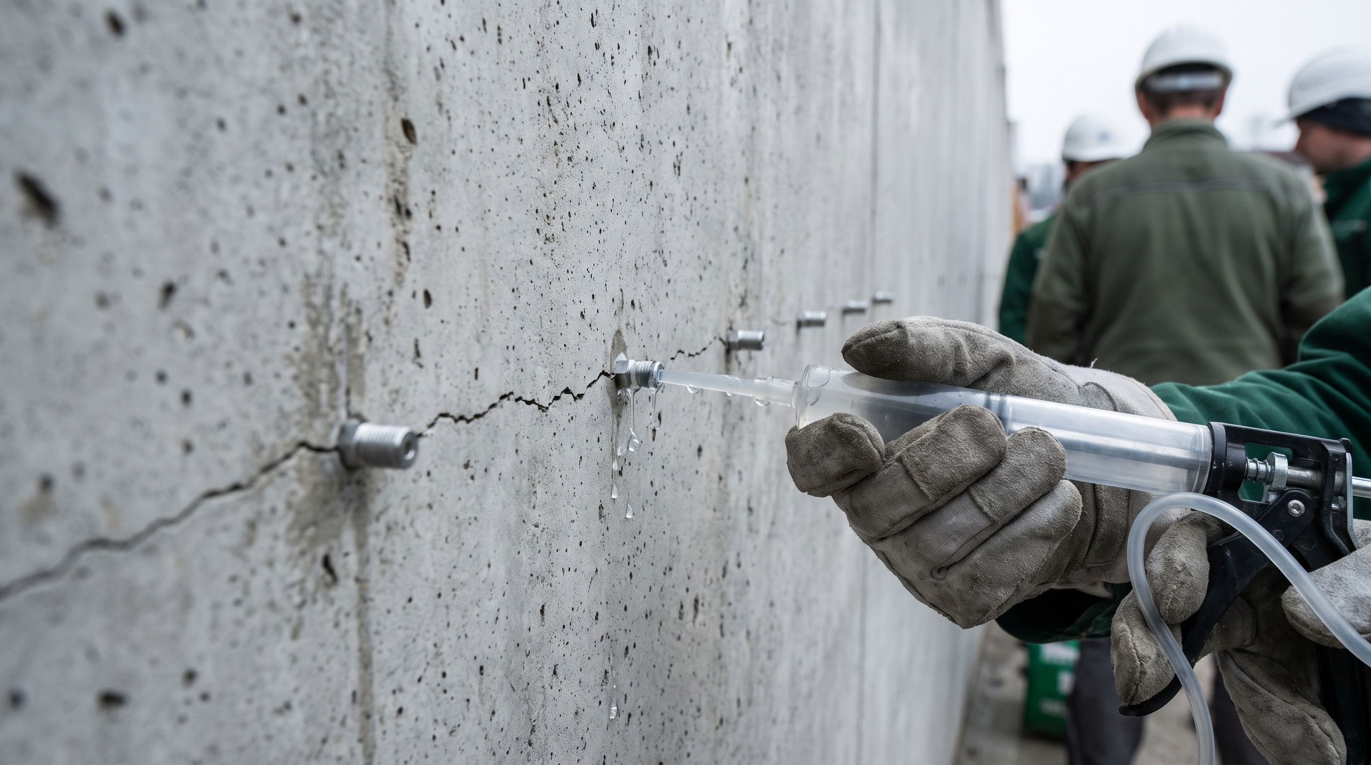 Rissverpressung an einer Betonwand: Injektionspacker entlang eines Risses, Technikerhand mit Injektionsgerät
