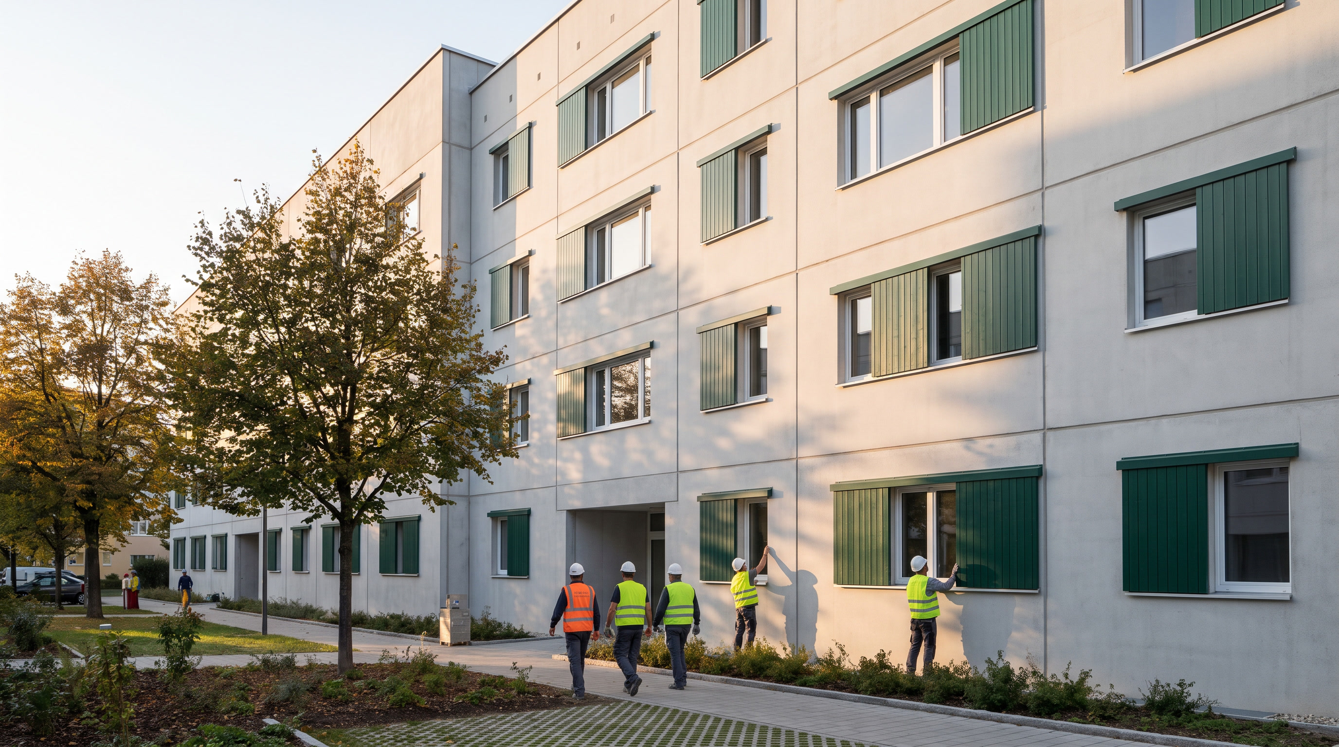 Sanierte Fertigteil-Betonfassade einer Wohnanlage mit sichtbarem Fugenbild und grünen Schiebeläden