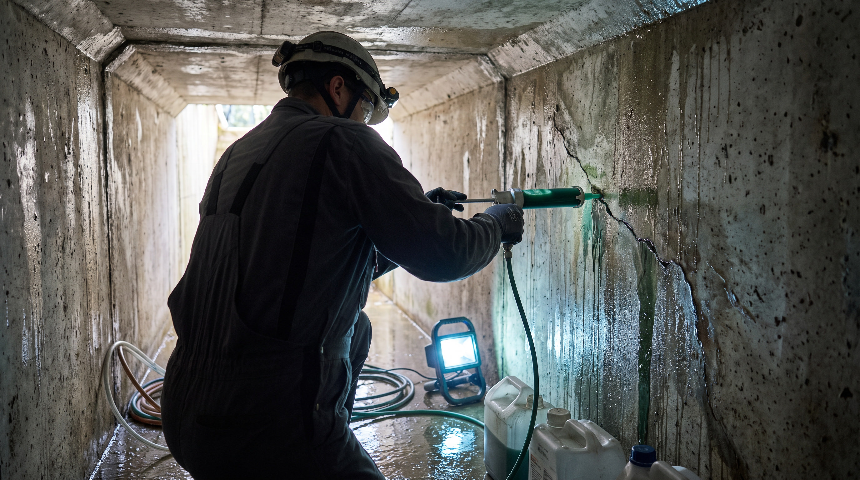 Techniker in einem unterirdischen Betonkollektor beim Injizieren von Dichtharz in eine undichte Fuge