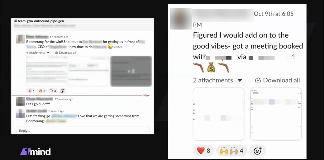 Wins posted in 1mind’s Slack (names redacted)